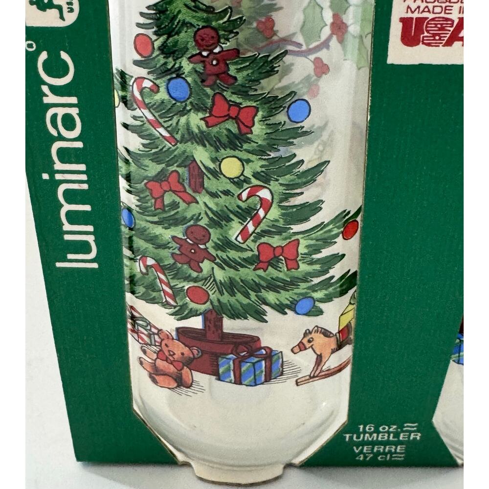 Luminarc Noel Christmas Tree Gifts Set 4 Glass Tumblers 16 oz New Vintage Stock